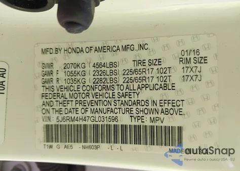 2016 Honda Cr-V Se из США, поврежденный, VIN 5J6RM4H47GL031596